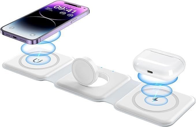 Wireless Charger. Magnetic Foldable 3 in 1 Mag-Safe Charger. Fast Travel Wireless Charging Station for iPhone 15/14/13/12/ Series.for iWatch.for AirPods (Adapter Included)